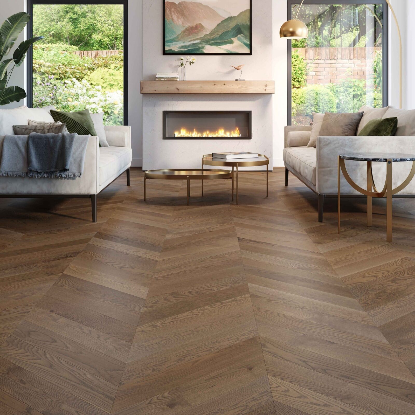 Herringbone hardwood flooring across an open-concept great room installed by ARK Renovation
